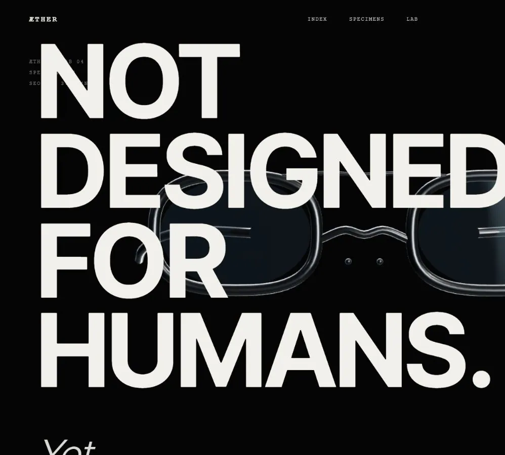ÆTHER laboratory opening with oversized typography and an optical specimen