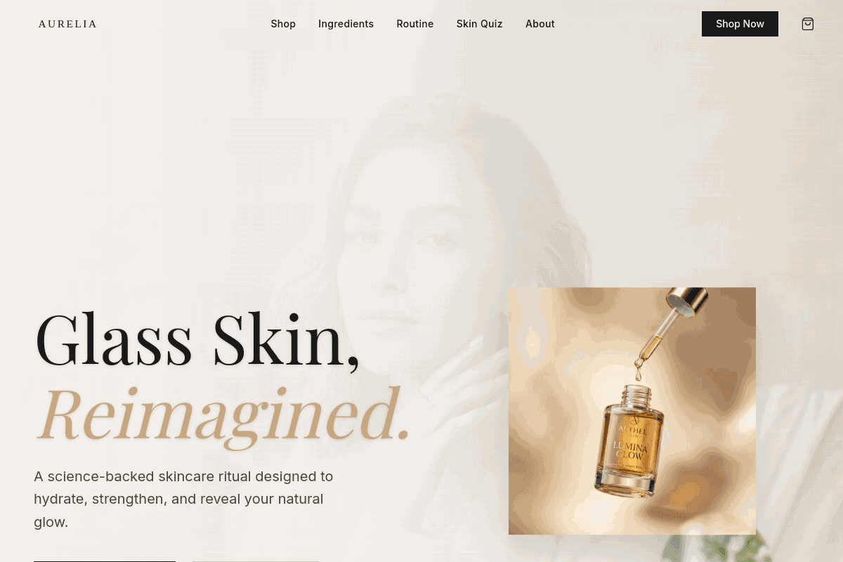 Aurelia Skin homepage with translucent portrait and serum product