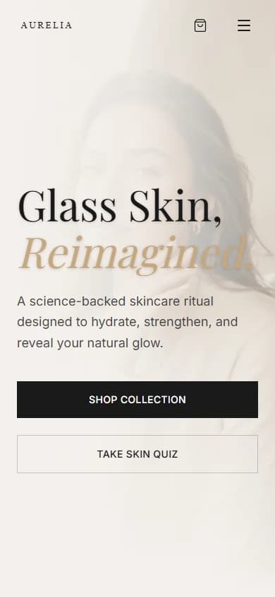 Aurelia mobile homepage with campaign headline and shopping actions