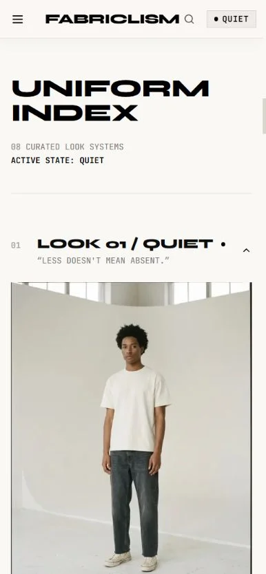 Fabriclism mobile Uniform Index with a tap-open curated look