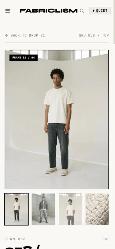 Fabriclism mobile 058 Corefit Tee product page with real gallery thumbnails