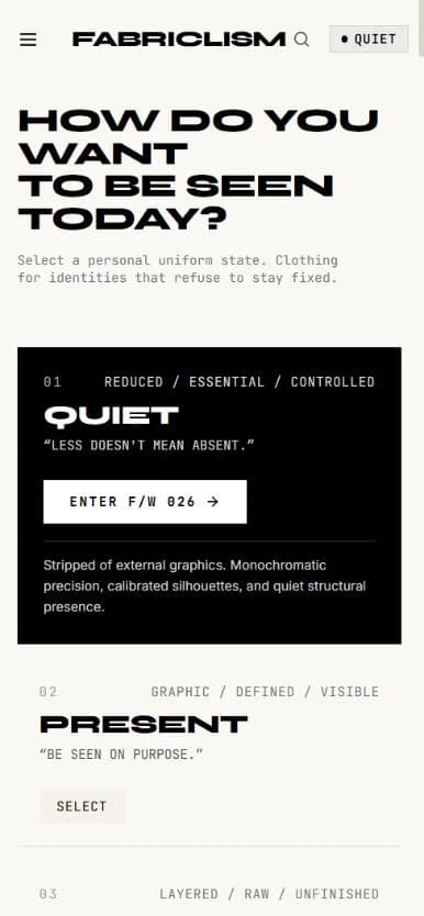 Fabriclism mobile state selector with QUIET, PRESENT and UNRESOLVED choices