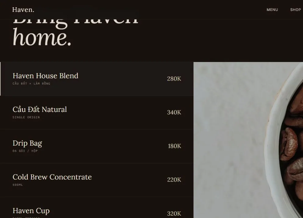 HAVEN Bring Haven Home retail screen with coffee products