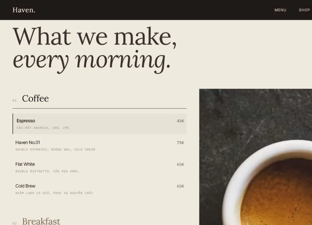 HAVEN editorial coffee menu with interactive item hierarchy