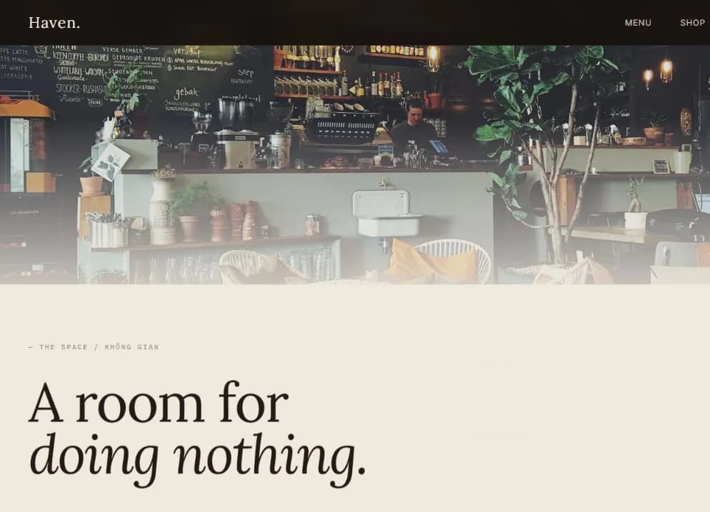 HAVEN The Space screen showing a quiet interior and A room for doing nothing