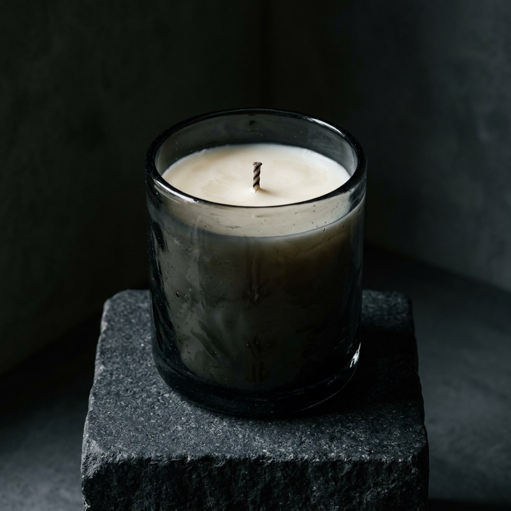 THE XIDE smoked-glass candle vessel presented on a dark honed stone plinth