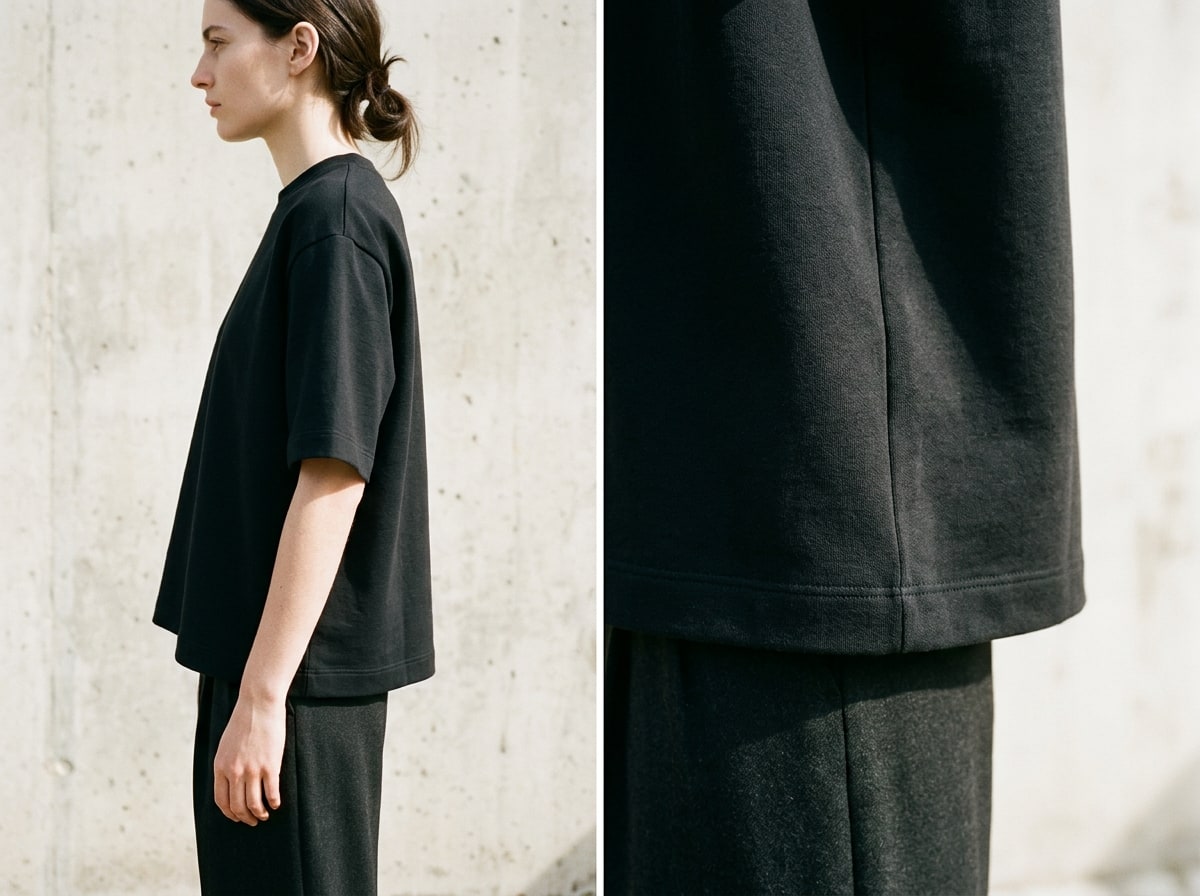 WEINS split-frame proportion study of an oversized black tee and trouser