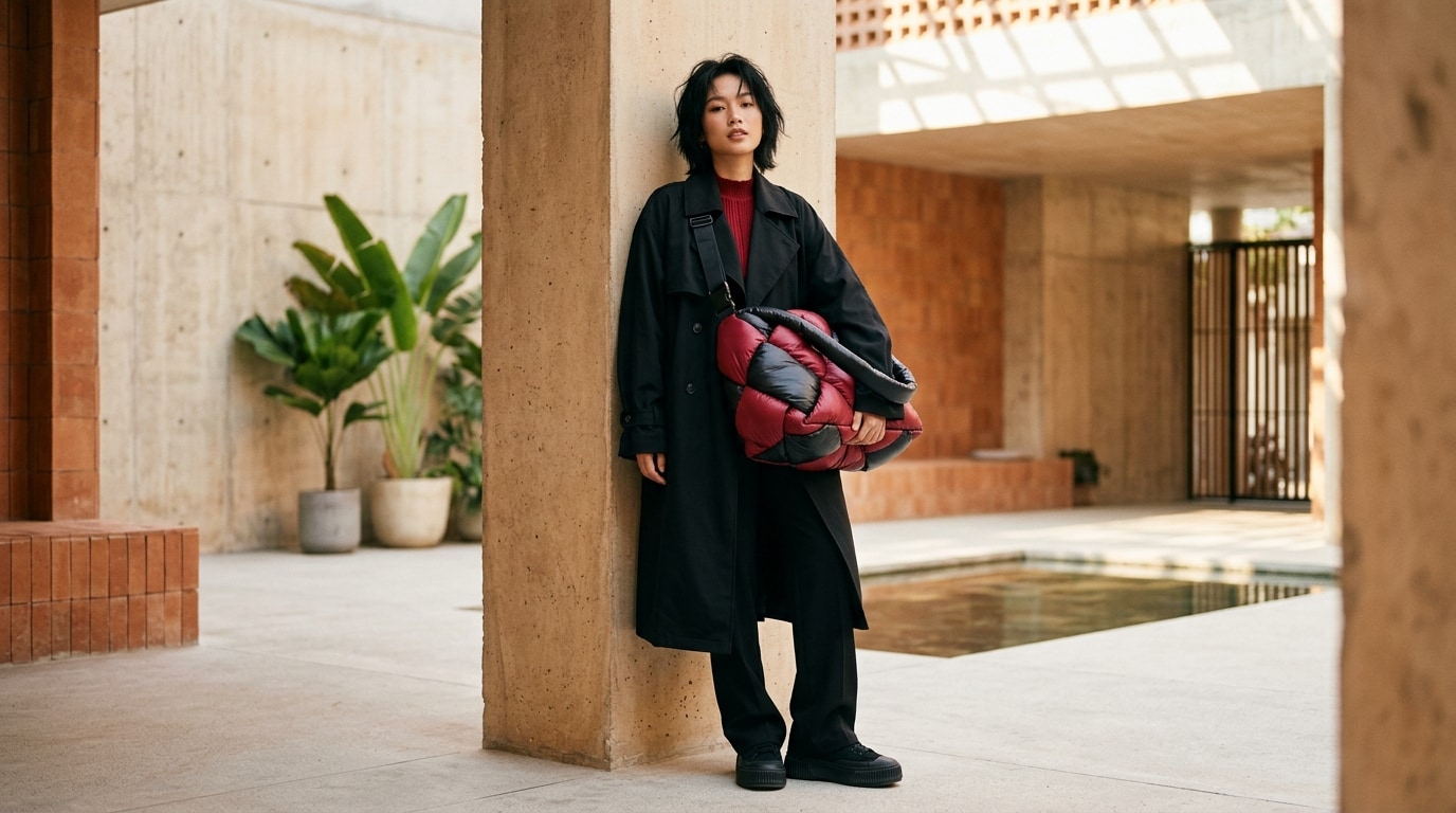 SLYOUR campaign scene presenting soft sculptural bags in a warm editorial composition