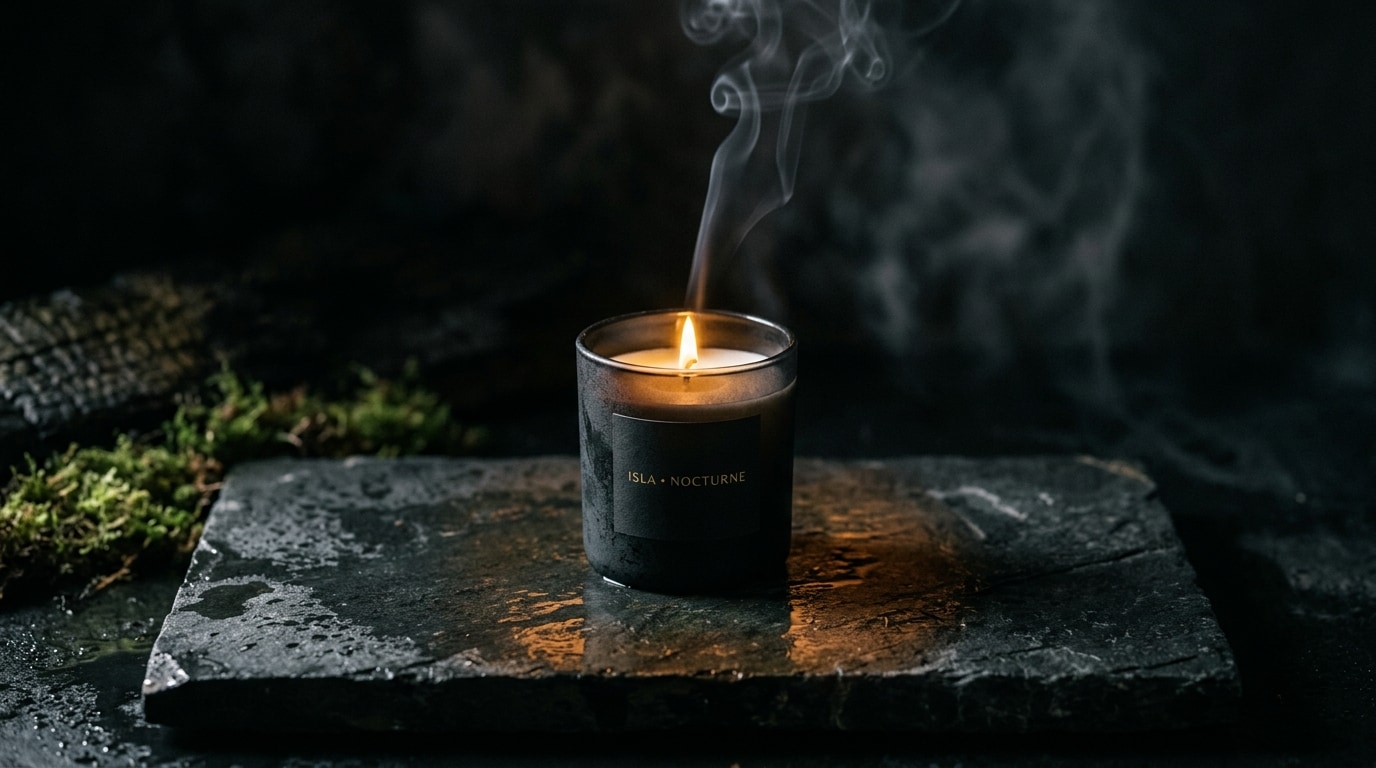 THE XIDE candle in smoked glass with a quiet flame and curling smoke on dark stone