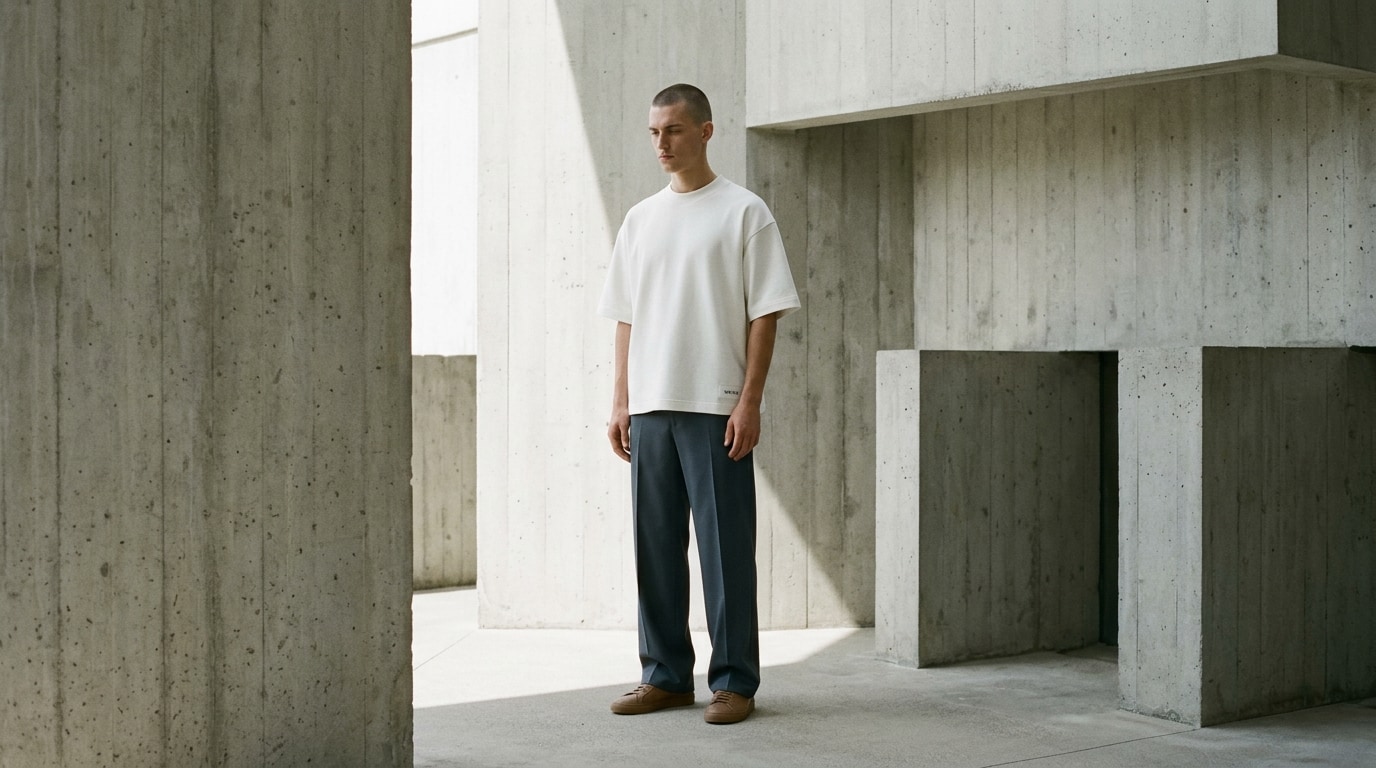 WEINS model in a chalk heavyweight tee framed by a concrete architectural plane